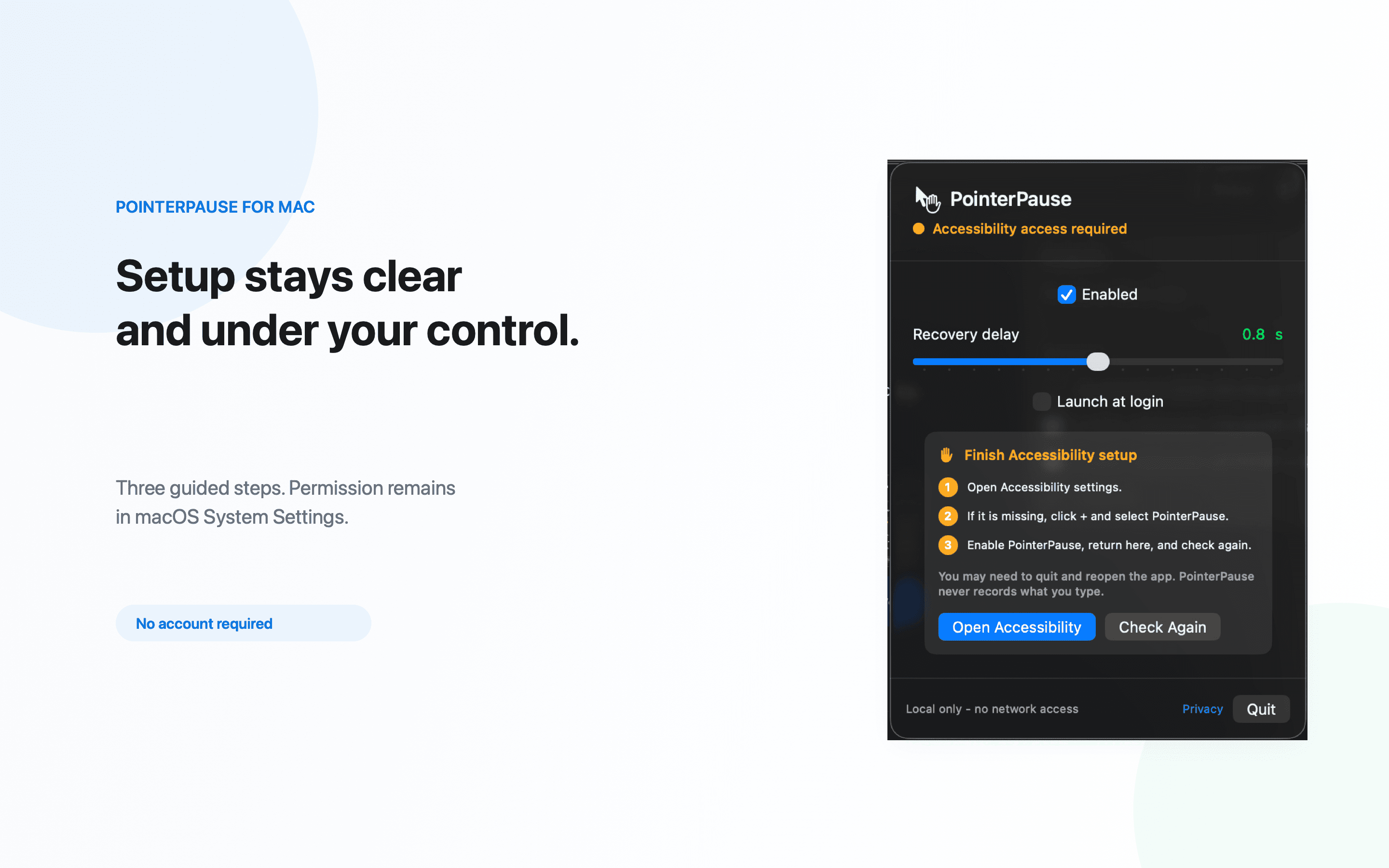 PointerPause guided Accessibility setup
